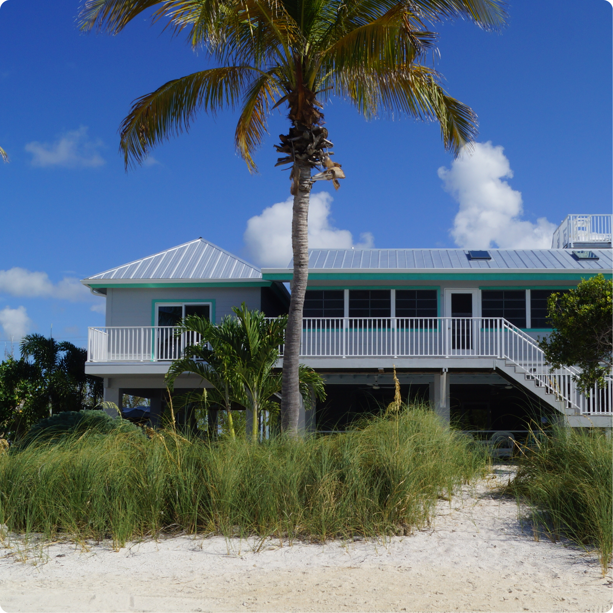A beachside house with a metal roof, white railing, and stairs leading down to the sand, surrounded by tall palm trees and green beach grass, under a blue sky with white clouds.
