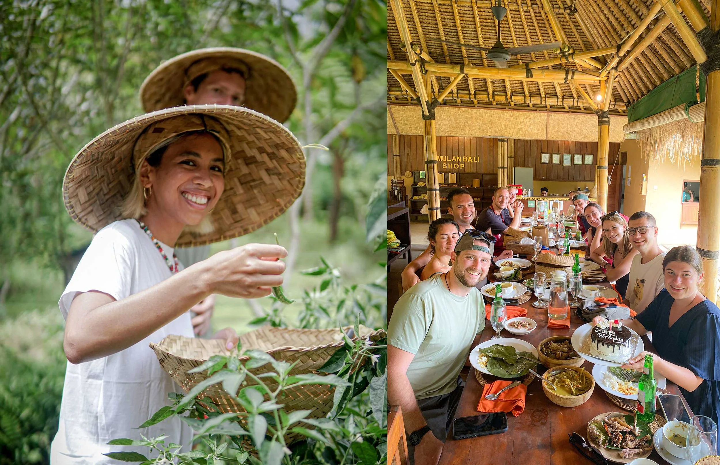 A woman harvesting green vegetables outdoors in a lush garden and a group of people enjoying a meal at a restaurant.