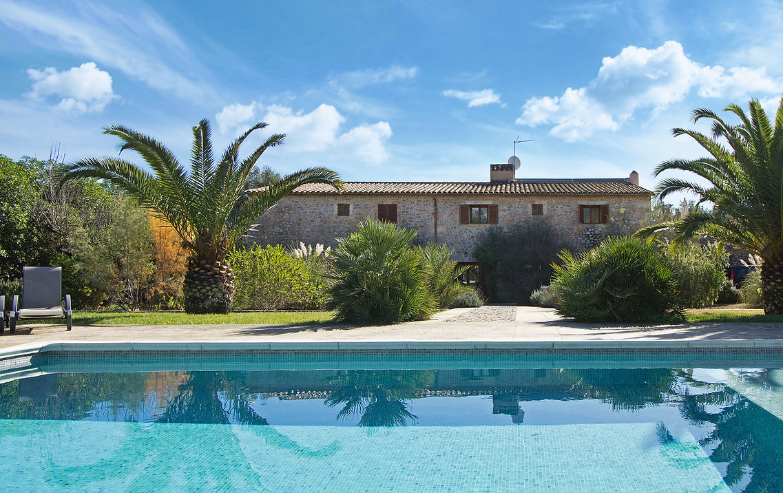A backyard with a swimming pool, surrounded by palm trees and bushes, with a stone house in the background under a blue sky with clouds.