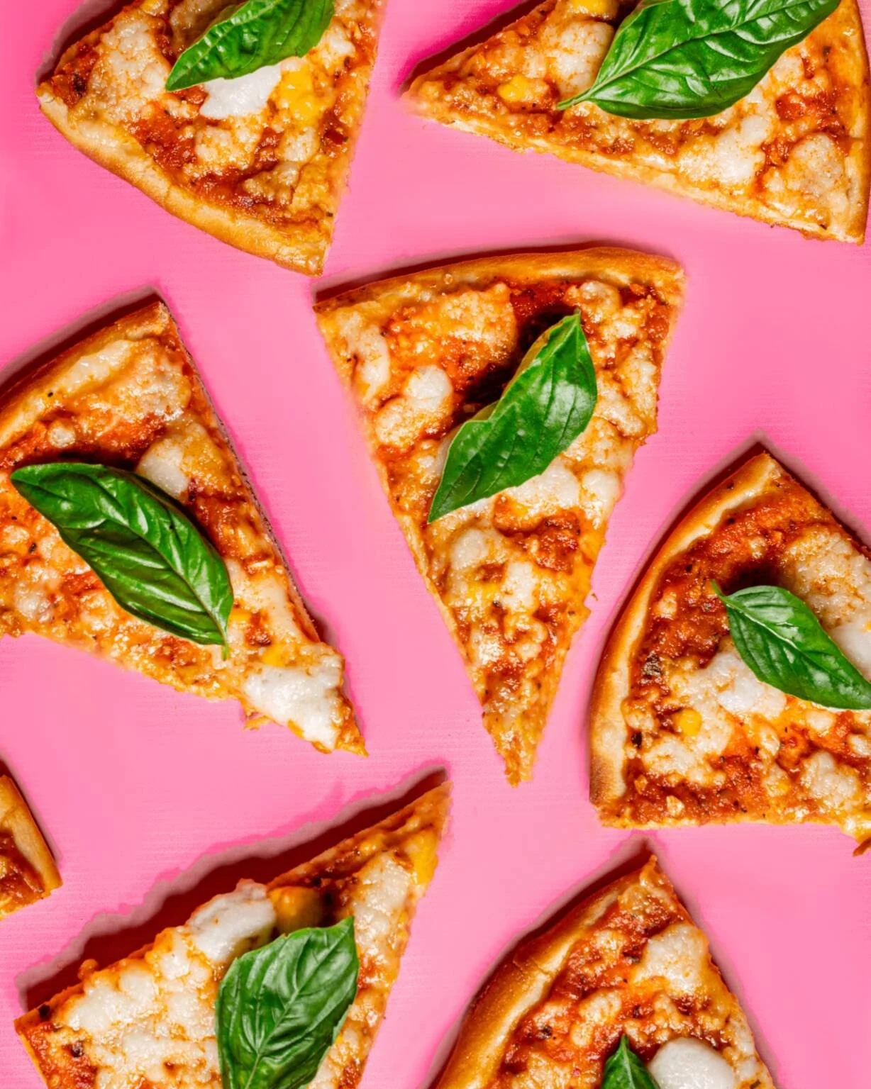 Multiple slices of cheese and tomato pizza topped with fresh basil leaves on a pink surface.