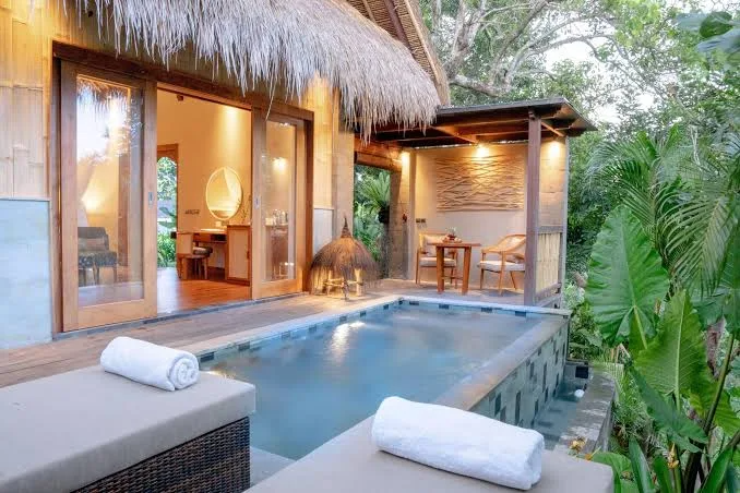 A luxurious outdoor pool area adjacent to a wooden bungalow with large glass doors, surrounded by lush green tropical plants.