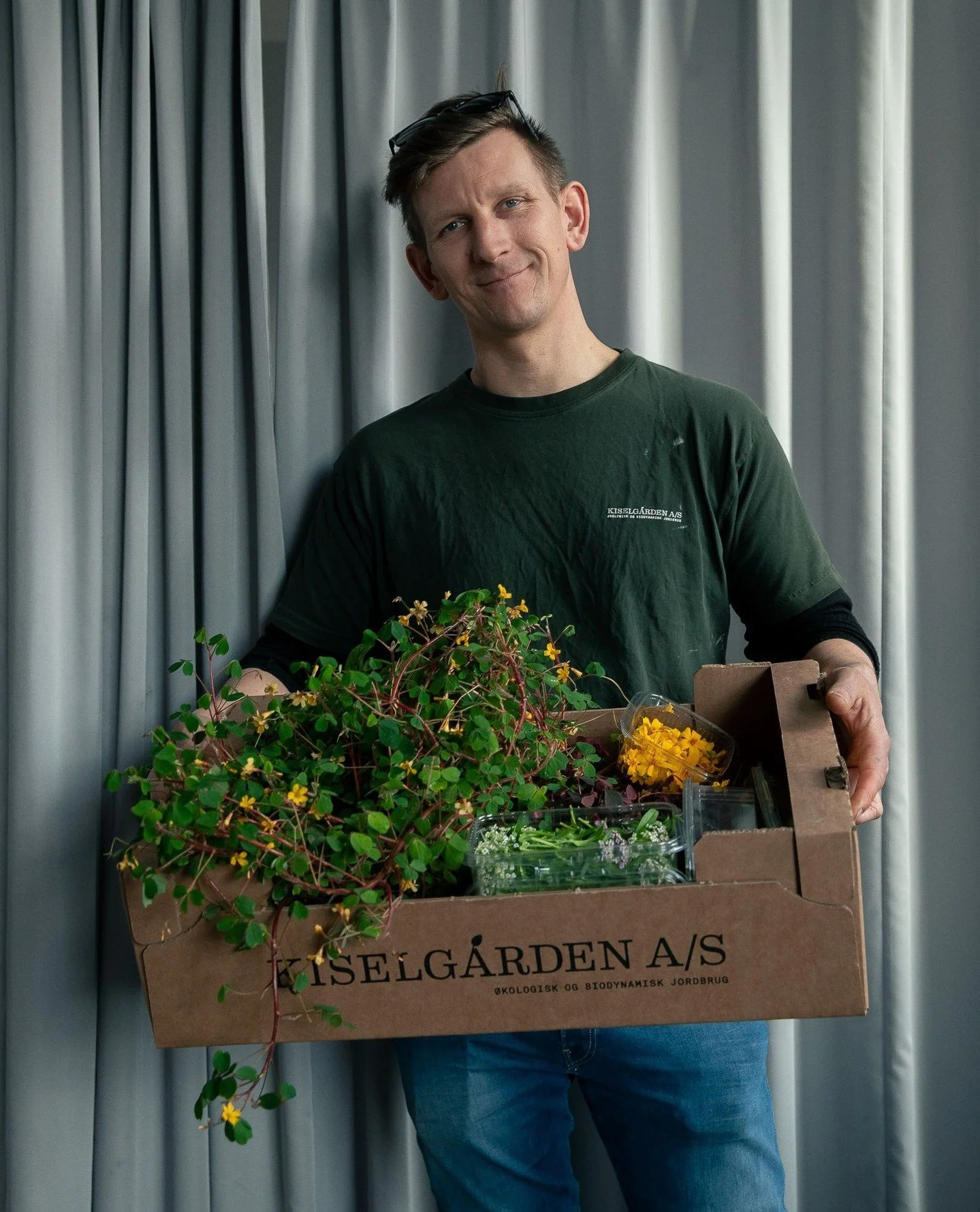 Man smiling, holding a large cardboard box filled with various plants and flowers, standing in front of a gray, curtain background.