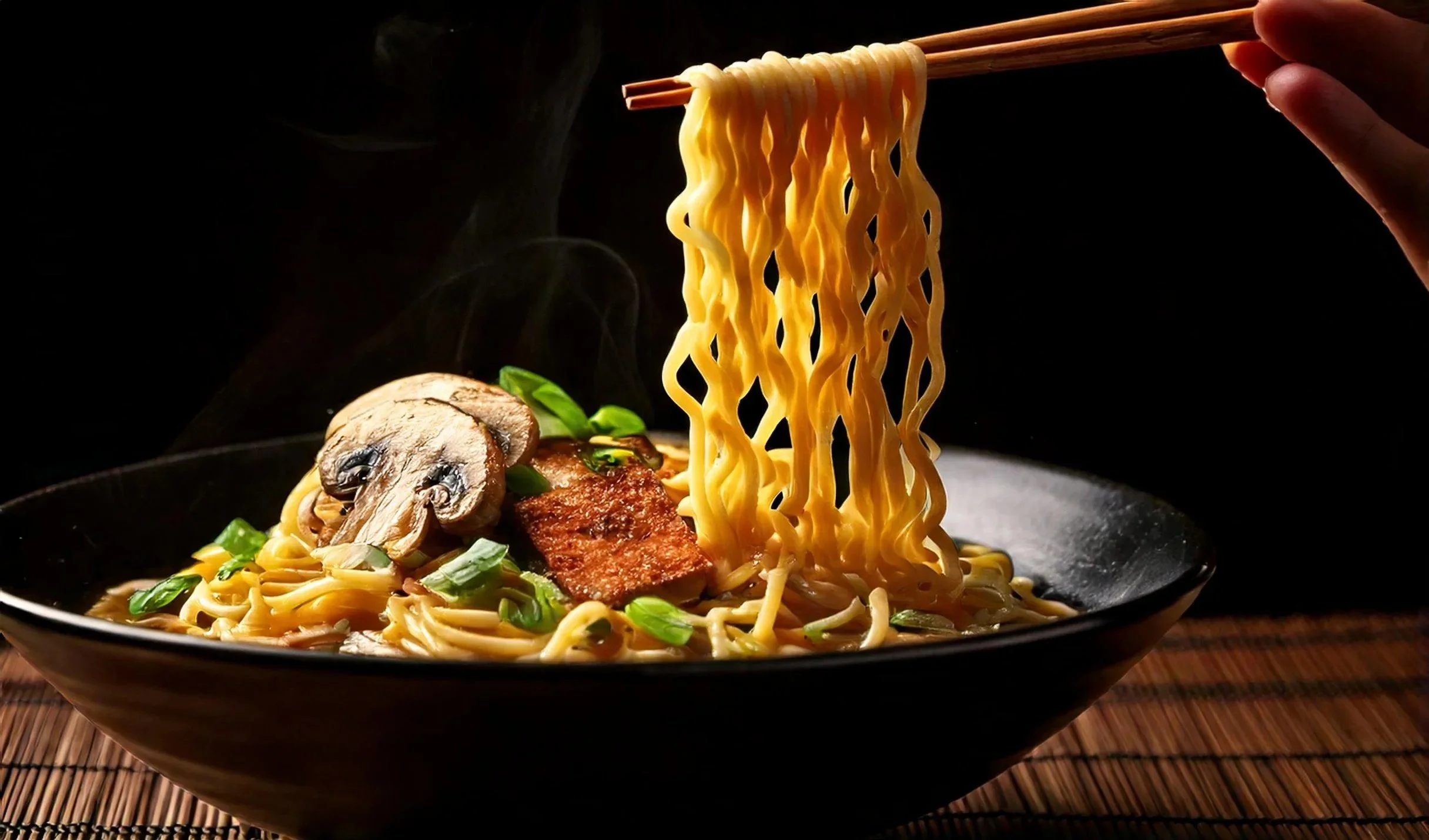 A black bowl of steaming ramen noodles with sliced mushrooms, green onions, and a piece of meat, with chopsticks lifting noodles.