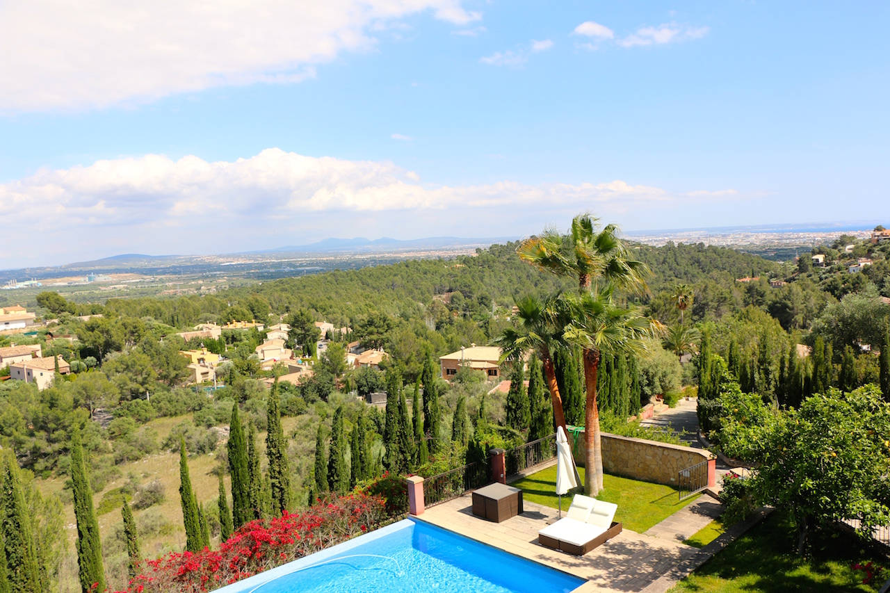 Scenic view of a backyard with an outdoor pool, tall palm trees, and green hills in the distance under a partly cloudy sky.