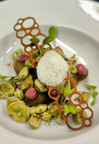 Gourmet dish with pasta, microgreens, and fried lotus root chips on a white plate.