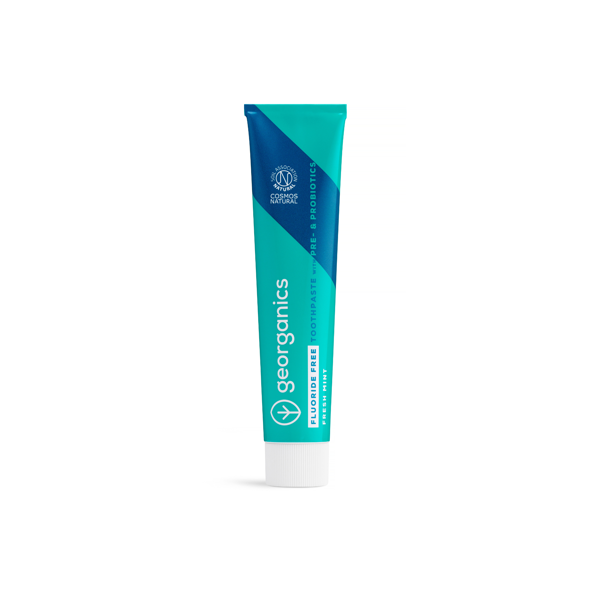 A tube of toothpaste with teal and blue packaging standing upright on a white surface, featuring labels for natural ingredients.