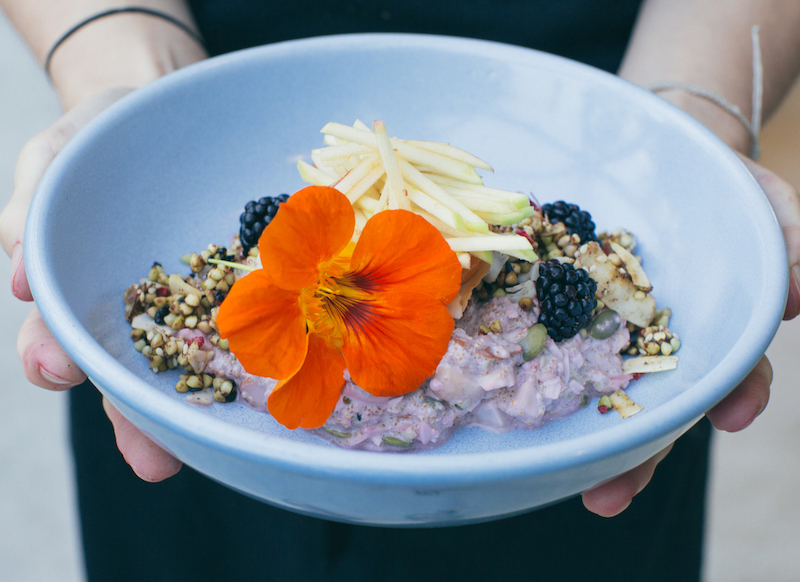 A person holding a blue bowl filled with a creamy fruit salad topped with blackberries, apple slices, chopped nuts, and an orange edible flower.