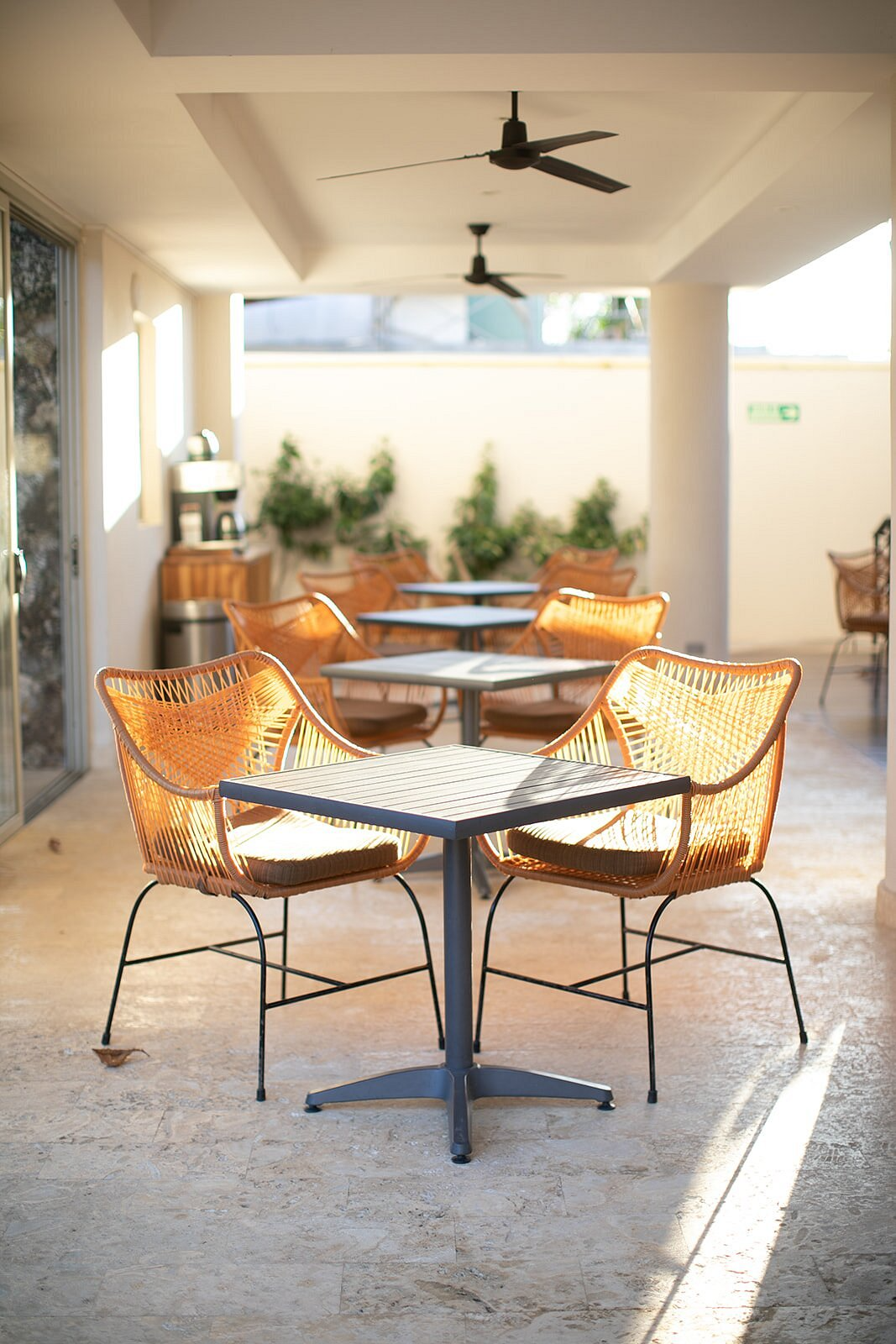 Empty outdoor patio with wicker chairs and tables, ceiling fans, and potted plants, bathed in sunlight.