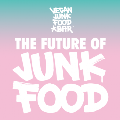Logo for Vegan Junk Food Bar with the text 'The Future of Junk Food' in bold white letters on a pastel gradient background.
