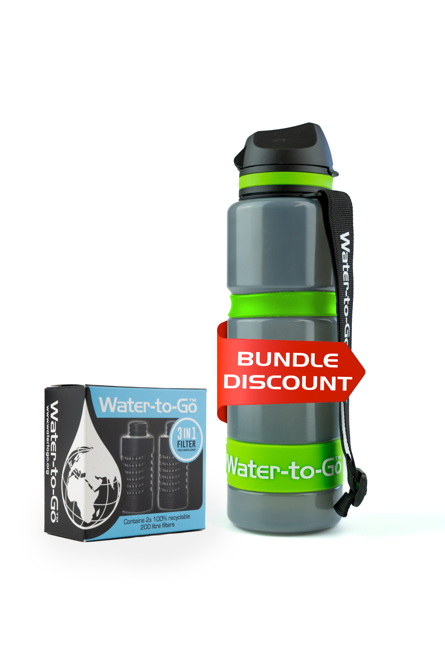 A reusable water bottle with a black lid, green accents, a shoulder strap, and a red discount tag attached, standing next to a box of water filters.