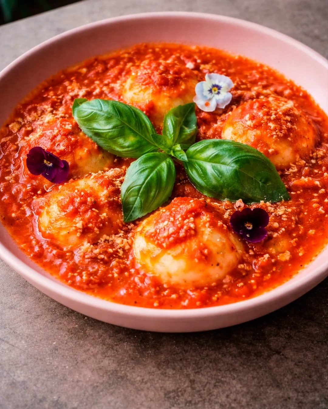Bowl of eggs in tomato sauce garnished with basil leaves and edible flowers.