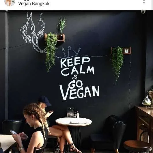 Black wall with white text that says "Keep Calm & Go Vegan", decorated with small hanging plants and a drawing of hanging vegetables, in a cafe with people sitting and using their phones.