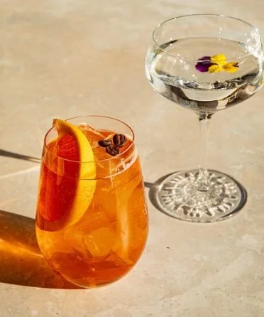 Two cocktails on a table: one with an orange hue garnished with a lemon wedge and dark ice cubes, and the other a clear drink in a coupe glass with flower petals on top.