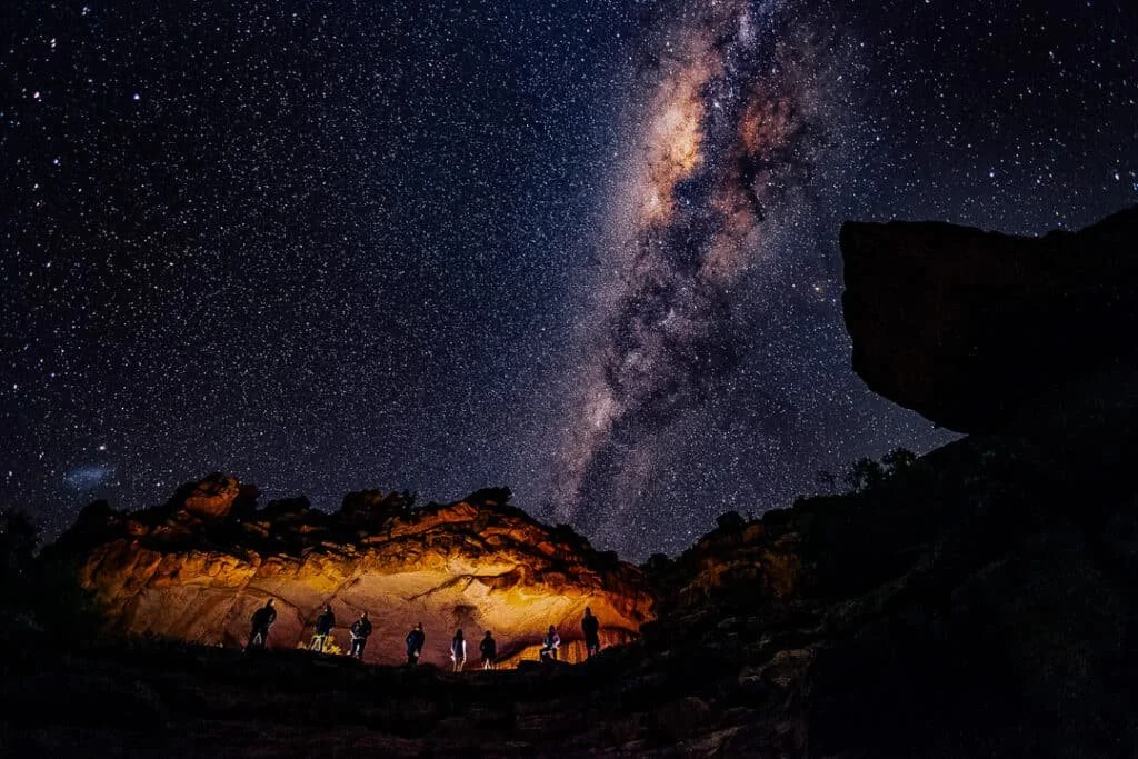 People stargazing under a night sky filled with stars and the Milky Way galaxy, with rocky landscape in the foreground.