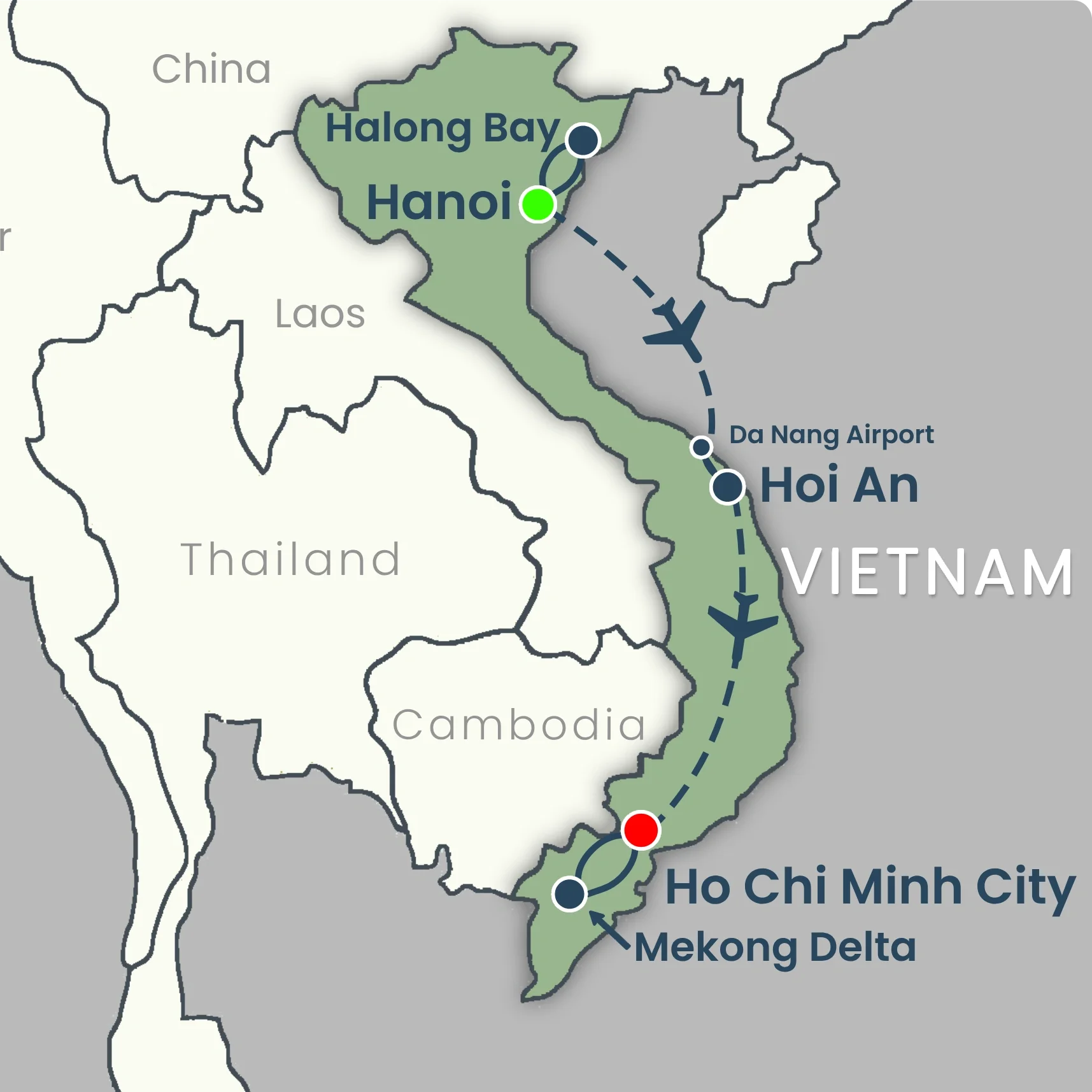 Map of Vietnam showing major cities and transportation routes, including Hanoi in the north, Ho Chi Minh City in the south, with flight paths and airports marked, such as Da Nang Airport.