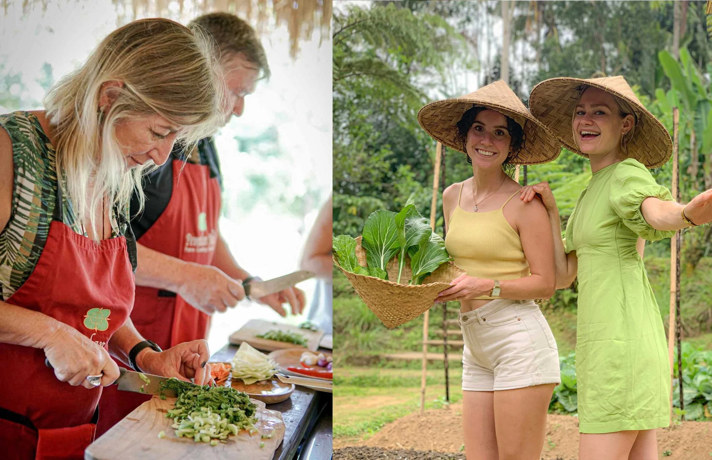 People preparing vegetables in a kitchen and two women in hats smiling in a garden with green plants.