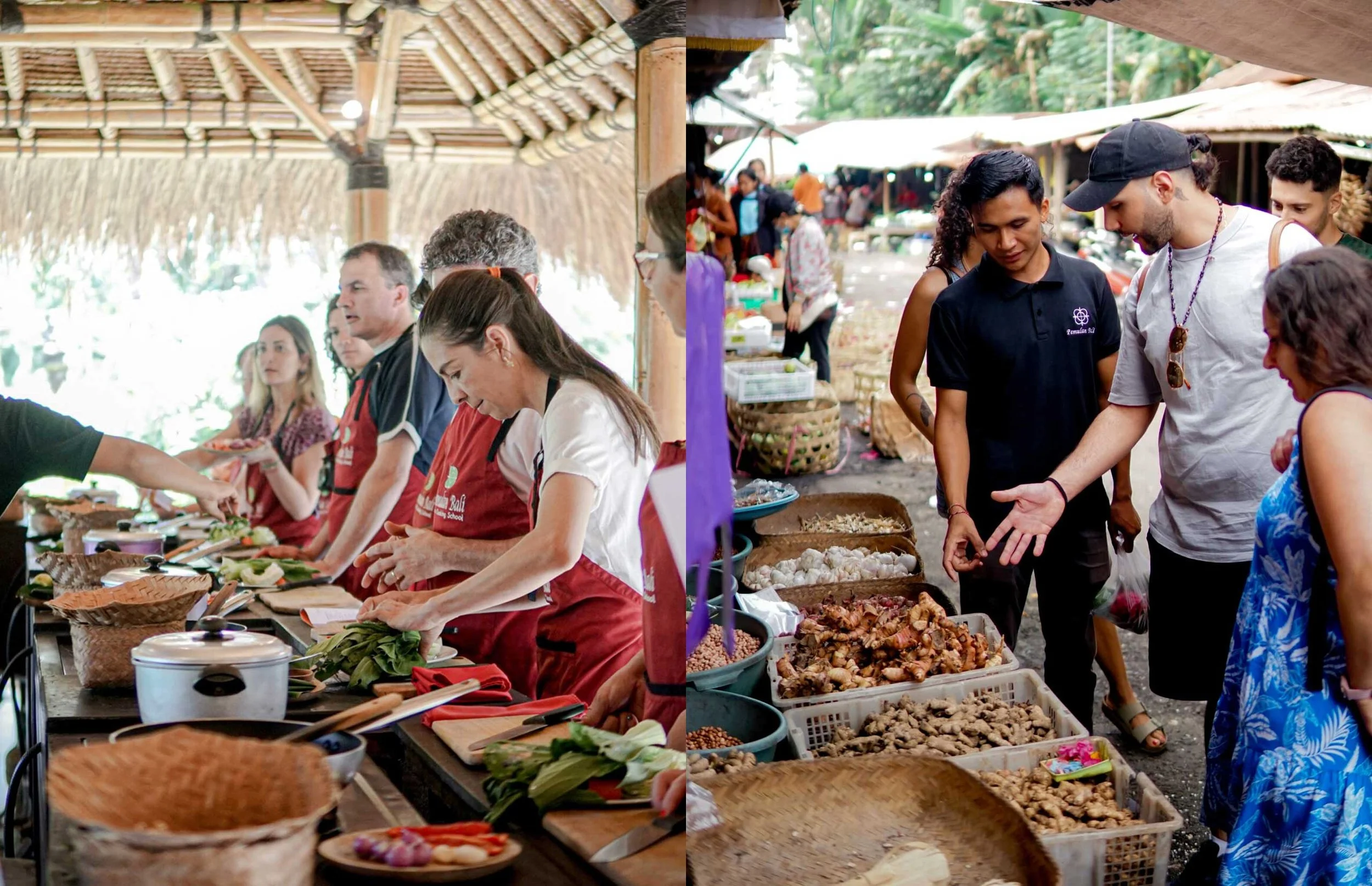People browsing food stalls at an outdoor market with a thatched roof and tropical trees in the background.