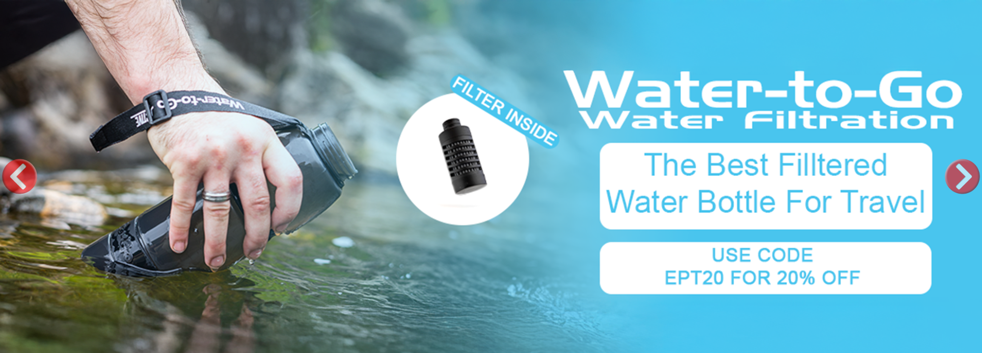 A person filling a black water bottle from a stream, showcasing a water filter inside the bottle. Text overlay promotes a water filter water bottle for travel with the code EPT20 for 20% off.