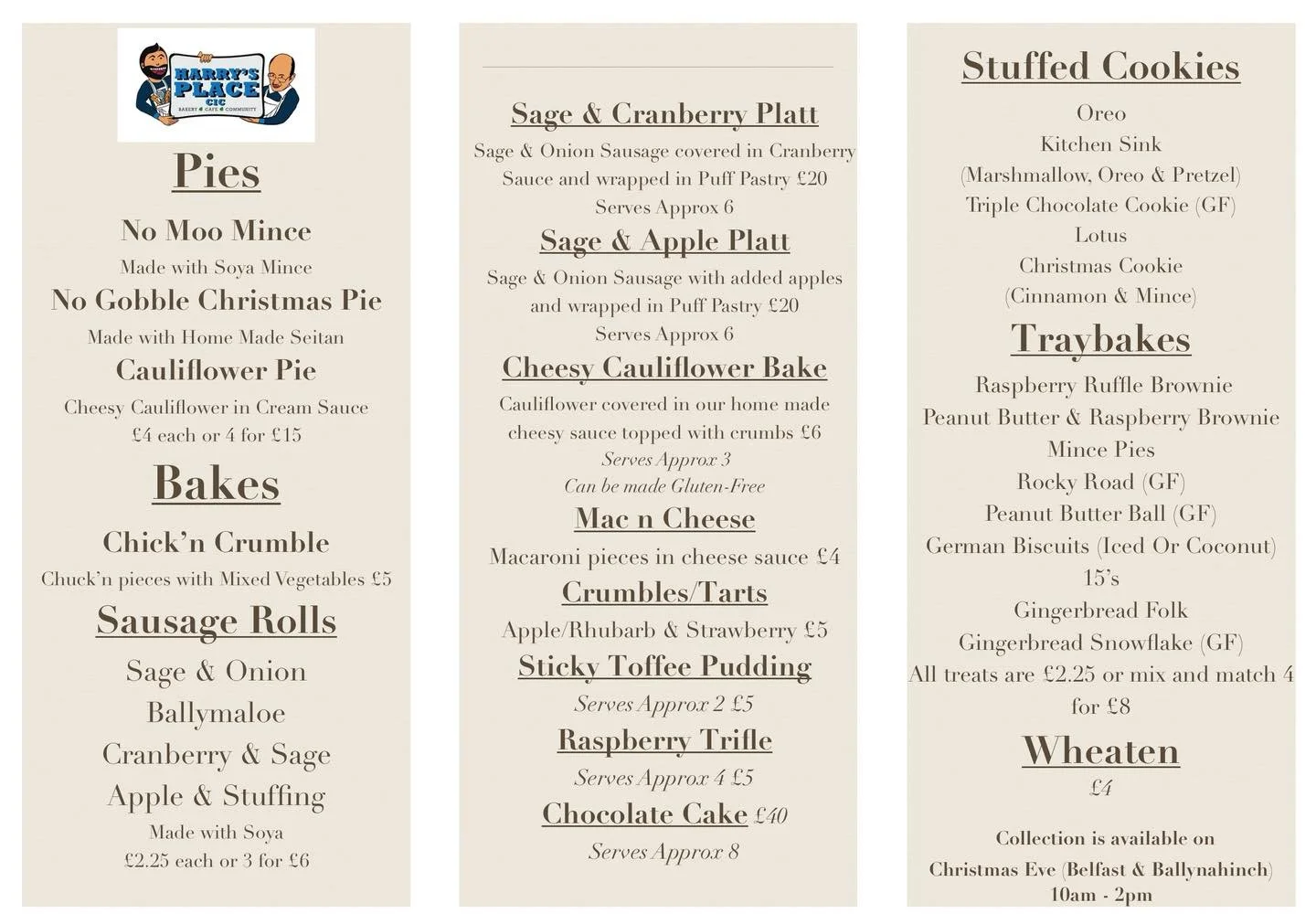 Menu from Harry's Place CIC featuring pies, sausage rolls, and baked goods, with sections for main dishes, sides, baked items, platters, cakes, and treats, including gluten-free options and Christmas specials.