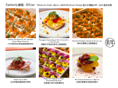 A collage of six images showing various dishes. Top row: spicy shrimp, fried chicken wing, and fried wontons. Bottom row: a salad with lettuce and tomato, colorful desserts with yellow and purple toppings, and an appetizer with cheese, cherry tomato,