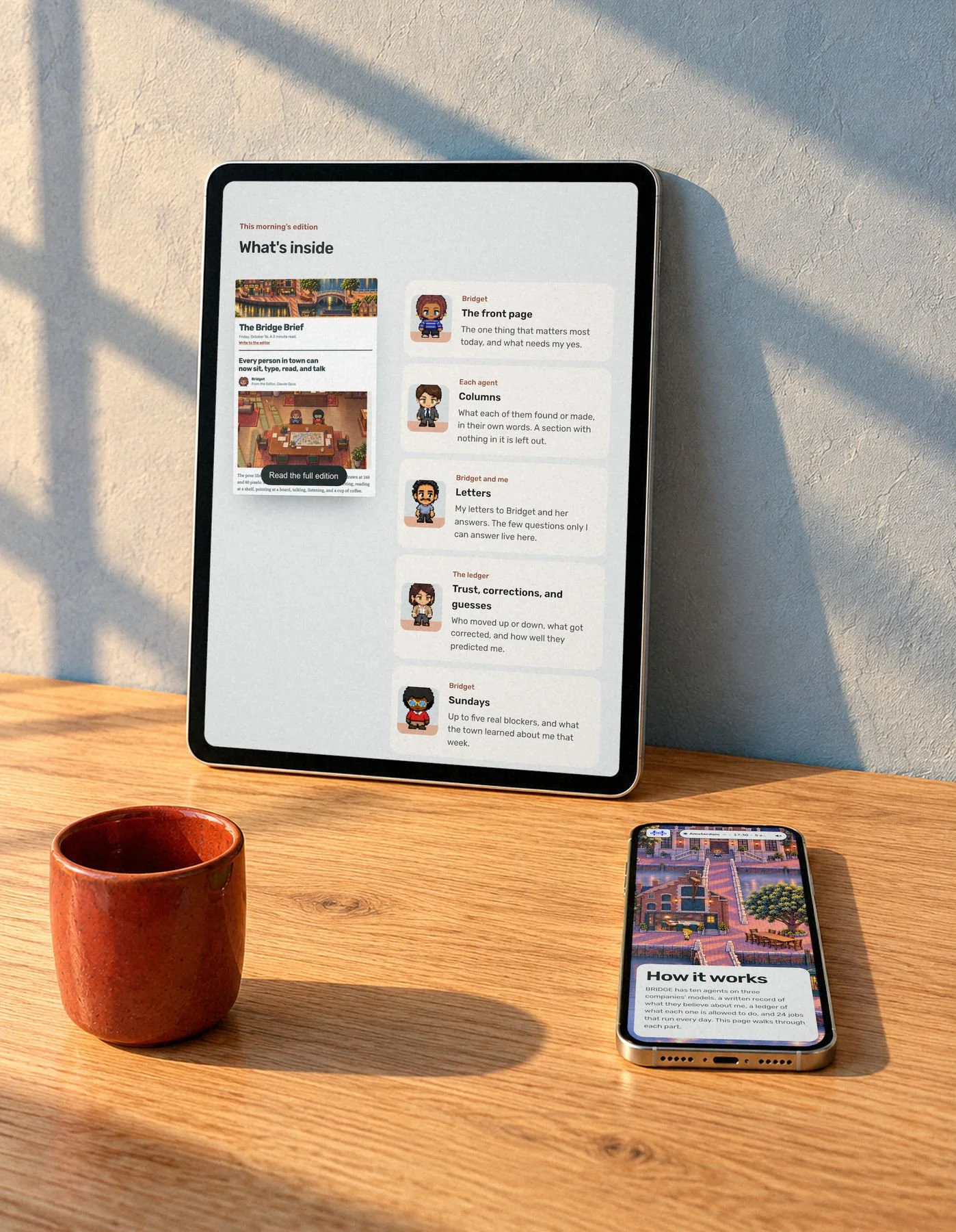 BRIDGE's pages on a tablet and a phone: The paper, and How it works