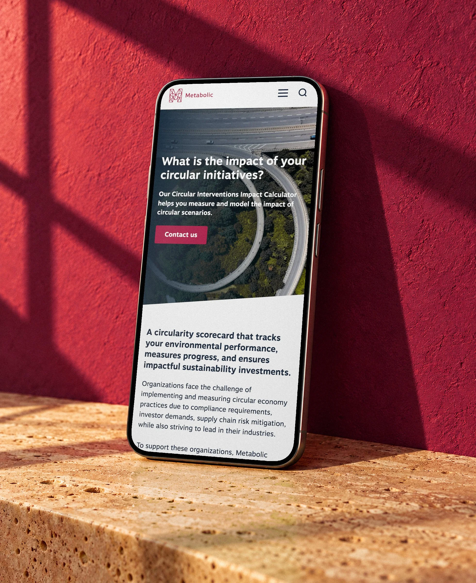 Metabolic's impact calculator page on a phone, leaning on a raspberry wall in late sun