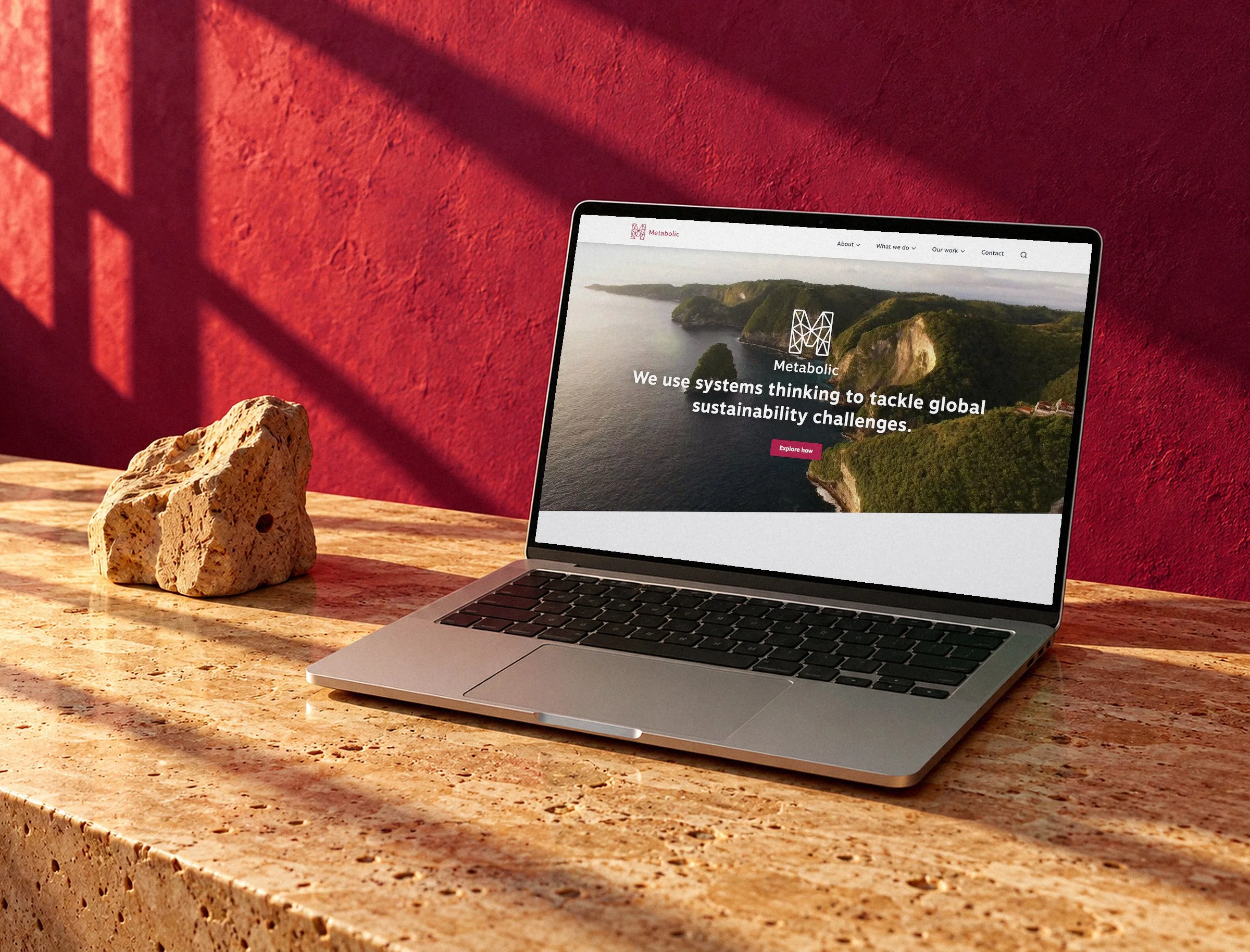 Metabolic's homepage on a laptop, on a travertine ledge against a raspberry wall