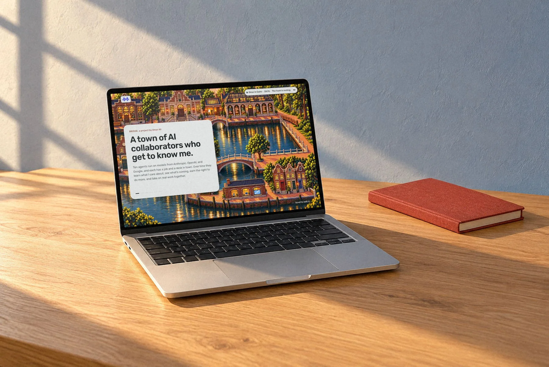 BRIDGE's home page on a laptop: A town of AI collaborators who get to know me