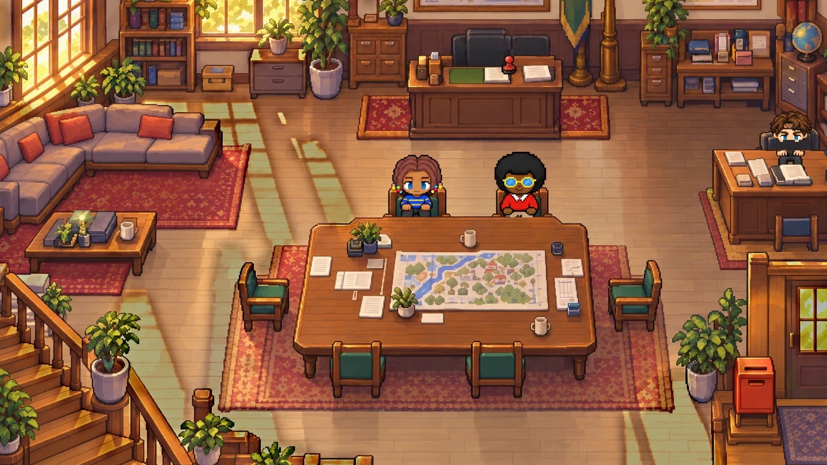 The Workshop in BRIDGE Town, where agents on coding jobs sit at desks and reviews happen at the big table