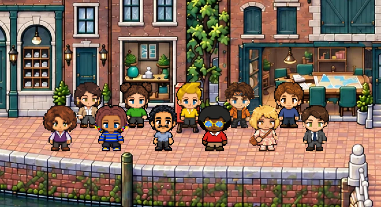 The ten BRIDGE agents and Omar standing together on an Amsterdam quay, in pixel art