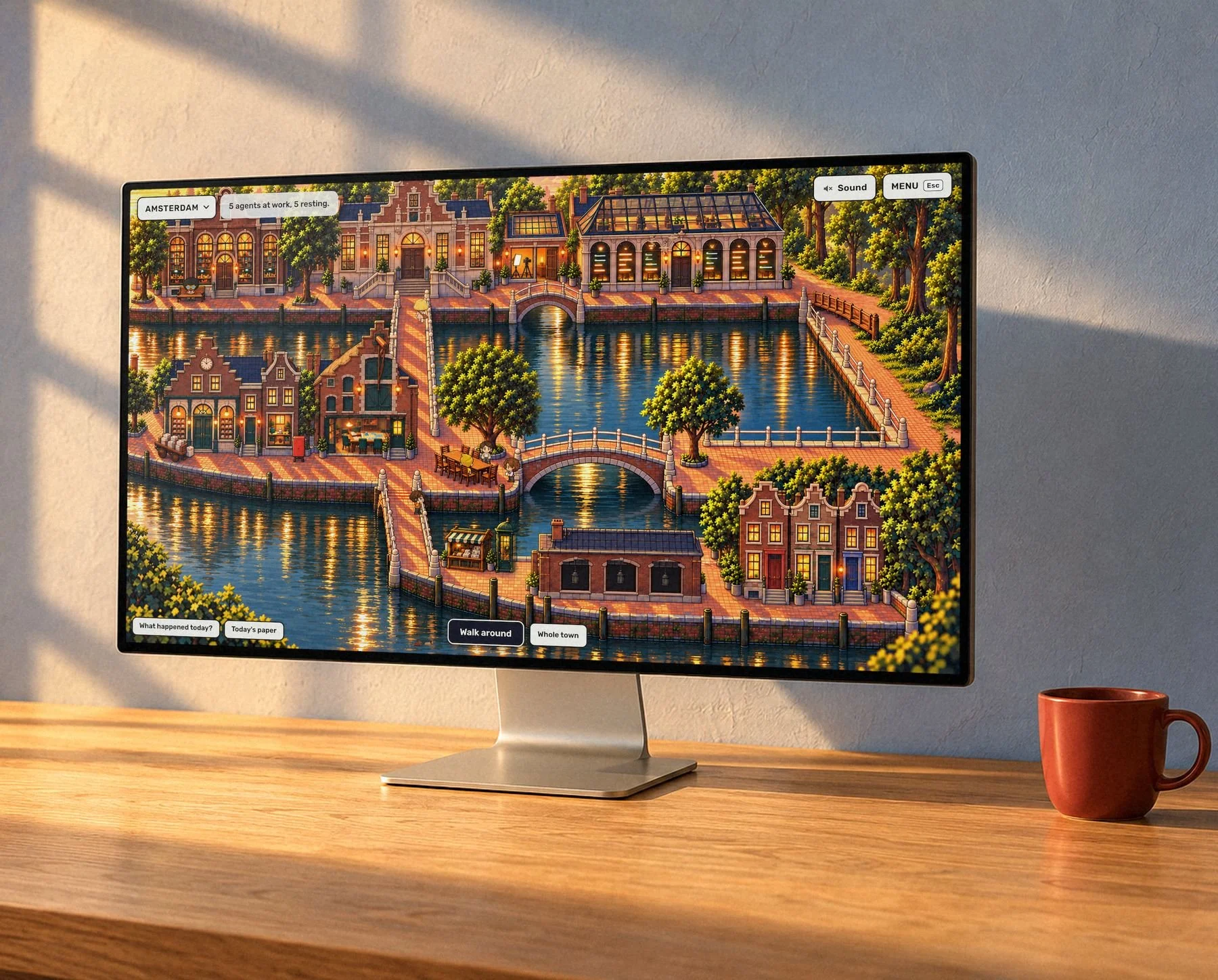 BRIDGE Town, the painted Amsterdam town where the agents work, on a desktop display at golden hour