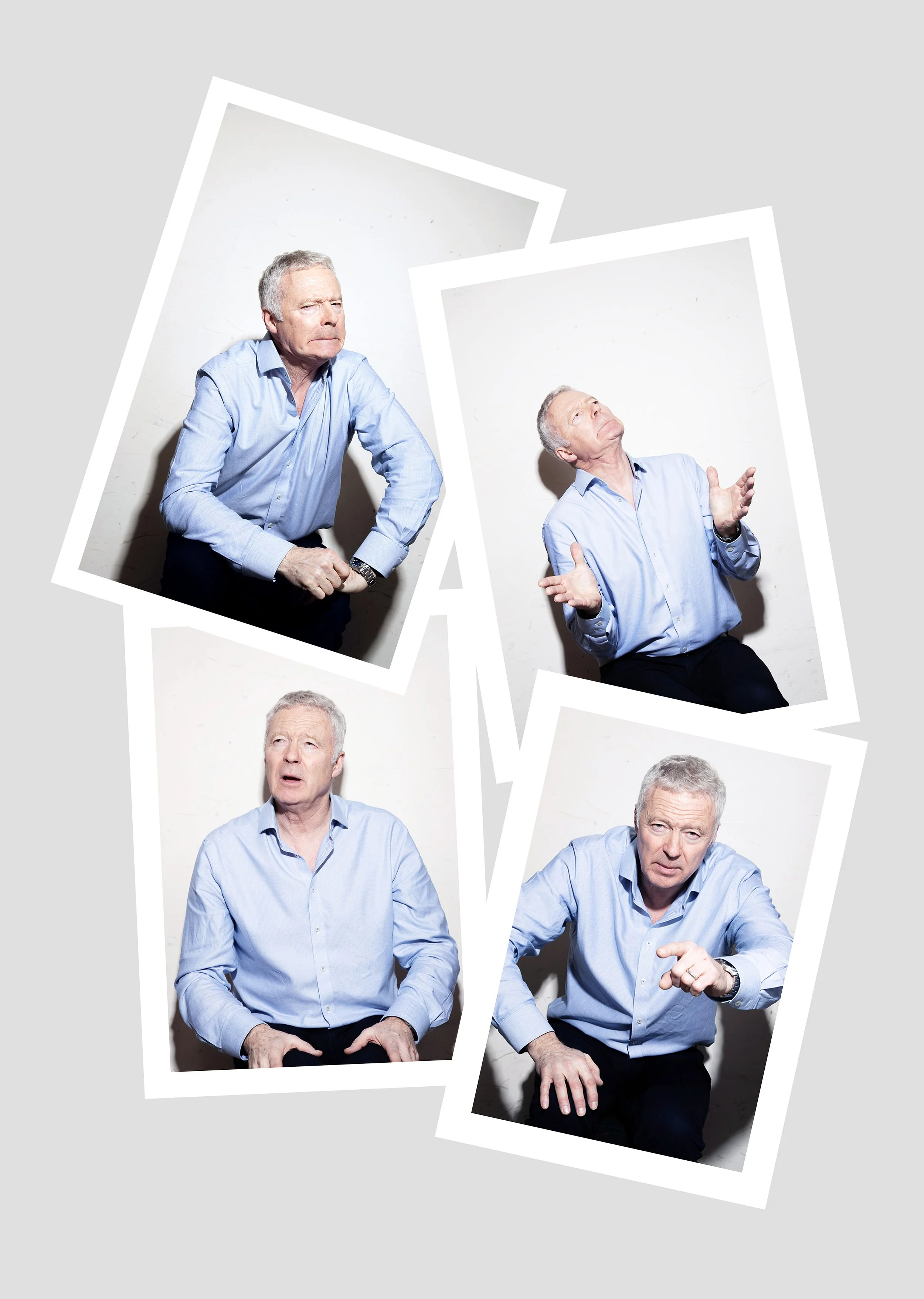 4 photographs in a layout of impressionist comedian Rory Bremner in character