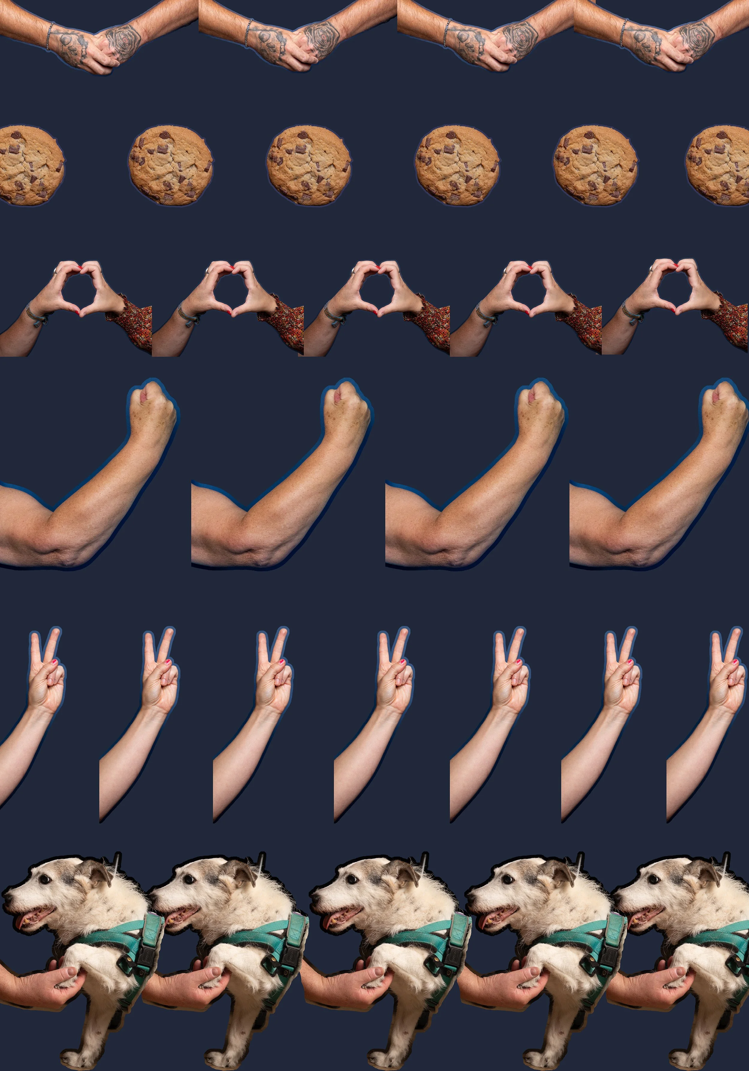A repeating pattern of four different pairs of hands making various gestures, possibly forming a heart and peace signs, along with images of a cute dog wearing a harness, all set against a dark blue background.