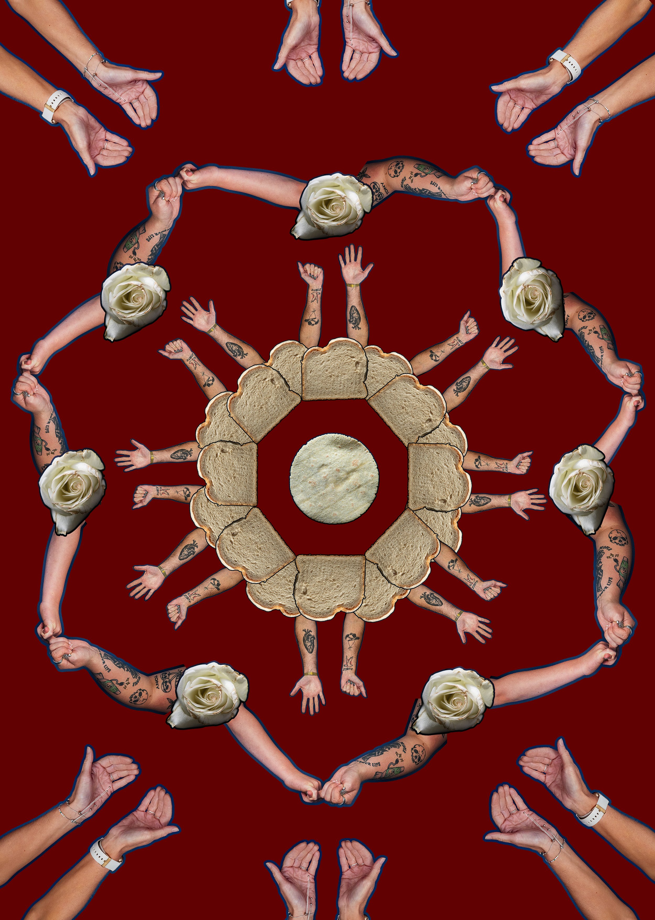 A symmetrical pattern of tattooed arms holding white roses and slices of bread against a dark red background.