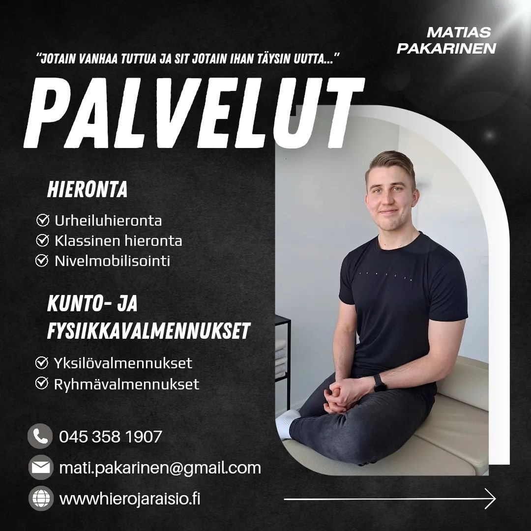 &quot;Jotain vanhaa tuttua ja sit jotain ihan t&auml;ysin uutta..&quot;

▫️Jatkossa hierontojen lis&auml;ksi palveluvalikoimaan kuuluu my&ouml;s kunto- ja fysiikkavalmennukset niin yksil&ouml;-, kuin ryhm&auml;valmennuksina!

▫️Valmennuksista l&ouml;
