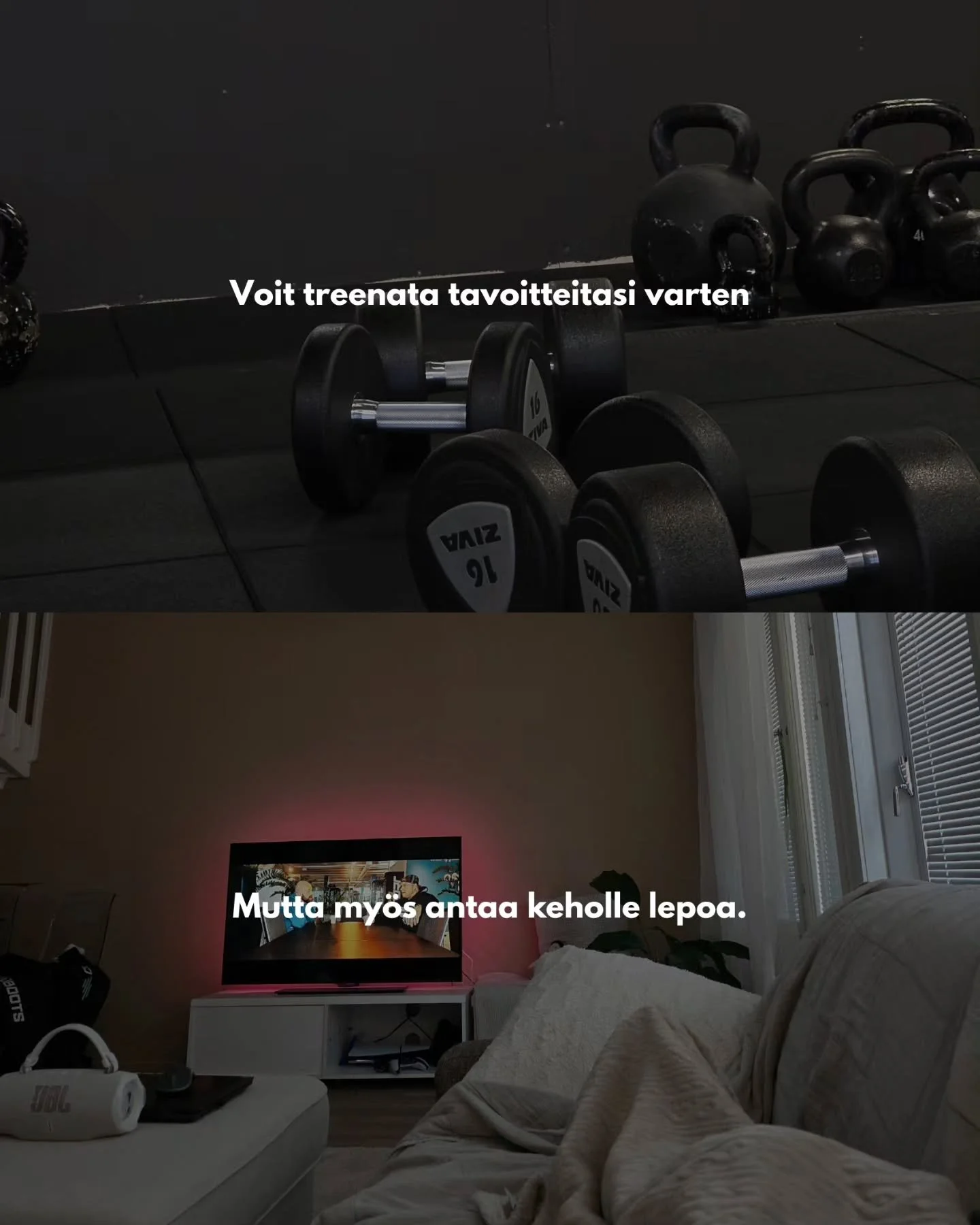 Tasapaino > t&auml;ydellisyys.

Voit sy&ouml;d&auml; hyvin ja silti nauttia herkuista.
Voit treenata kovaa ja silti lev&auml;t&auml;.
Voit kehitty&auml; ja silti hidastaa.

Kaiken ei tarvitse olla &auml;&auml;rip&auml;it&auml;.
Usein suurin kehity