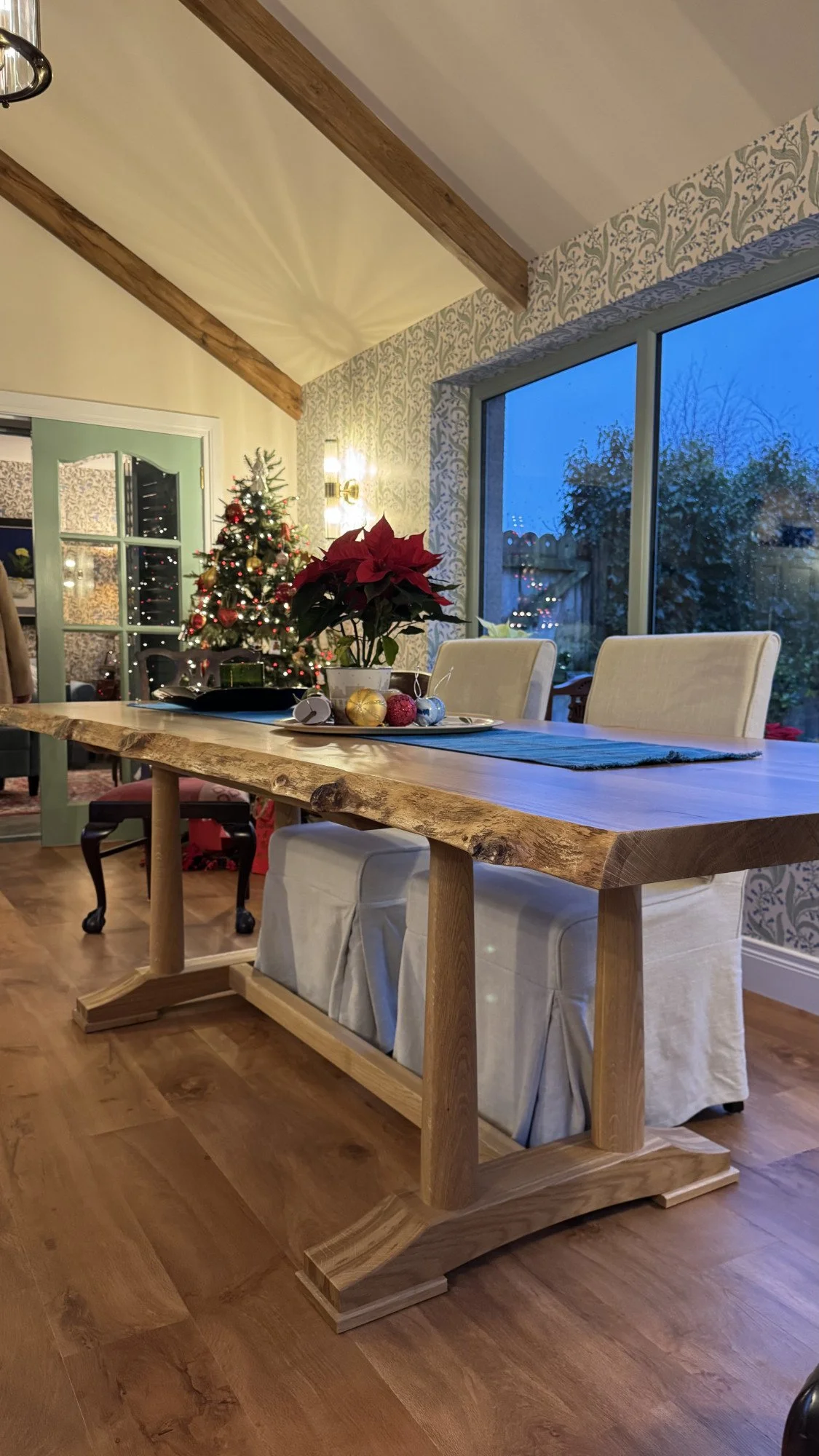 Bespoke Waney-Edge Oak Dining Table

A handmade oak dining table with a natural waney-edge top, designed to bring warmth, character and a strong sense of craftsmanship into the home. The solid timber top celebrates the natural edge of the tree, while
