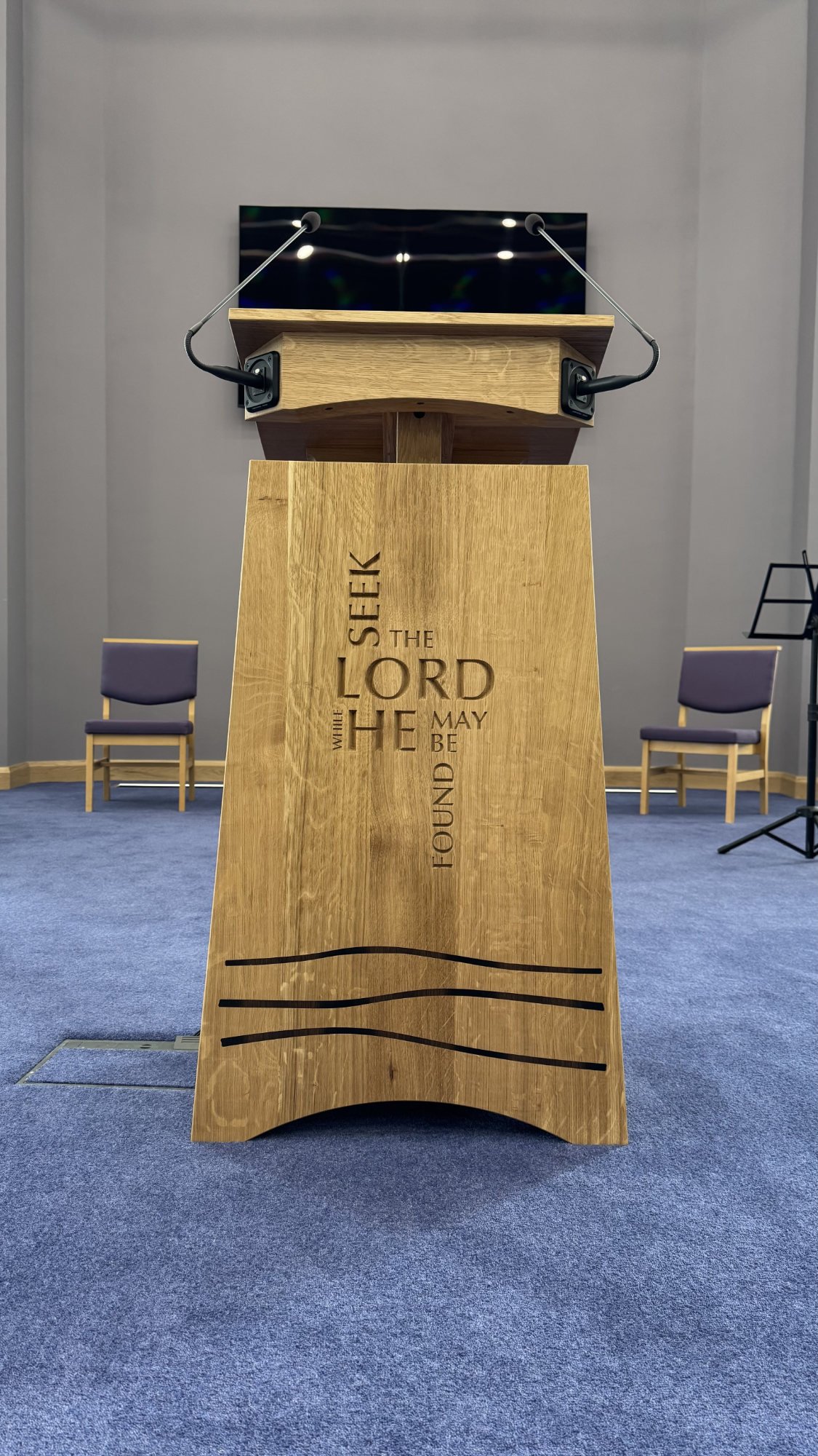 Bespoke Oak Church Lectern

A handmade oak church lectern with engraved lettering and dark inlay detail across the front panel. The simple curved base, natural oak grain and carefully arranged inscription give the piece a strong but quiet presence wi