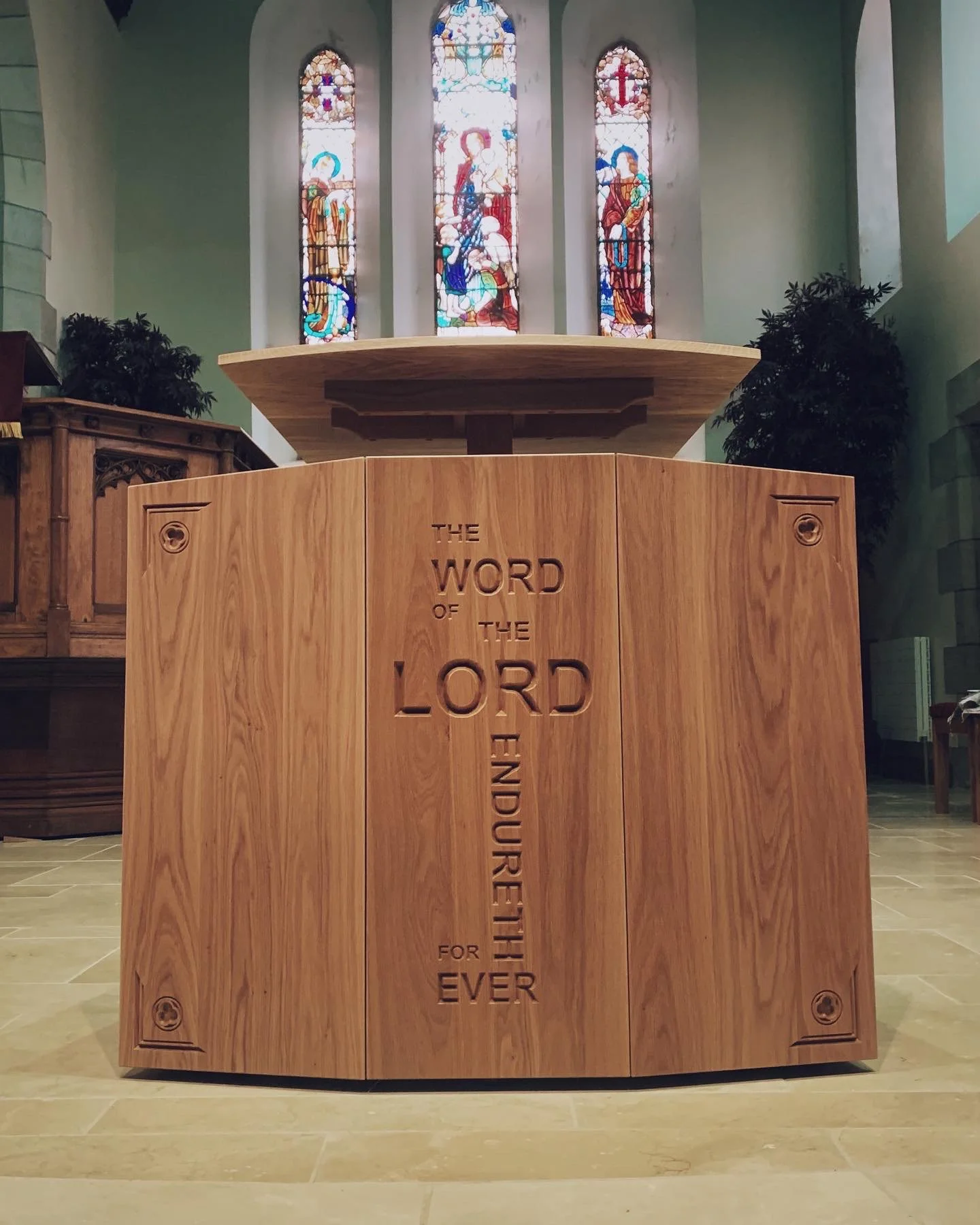 Bespoke Oak Church Lectern

A handmade oak church lectern designed for a traditional worship space, with carved lettering and a strong architectural form. The warm oak grain, curved front panels and carefully cut inscription give the piece presence w