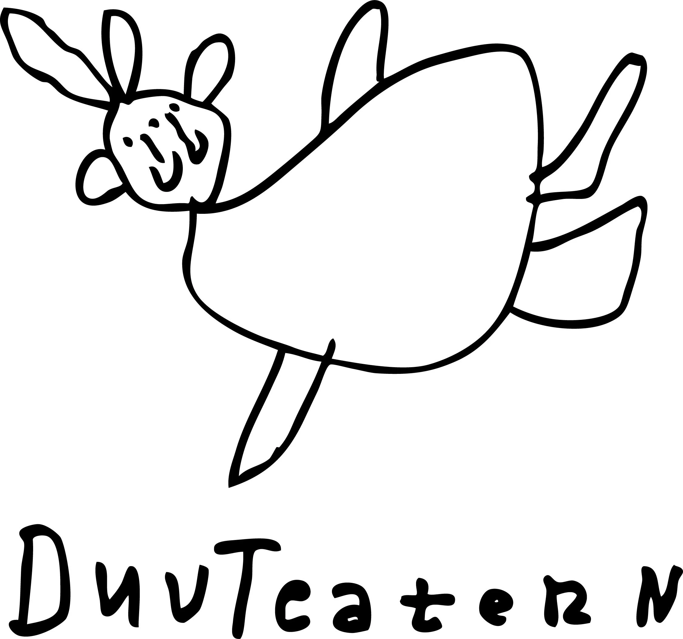 DuvTeaternin Logo. Piirroshahmo: mustalla piirretyt ääriviivat valkoiselle pohjalle, ihmishahmoa muistuttava piiroshahmo. Alla teksti DuvTeatern