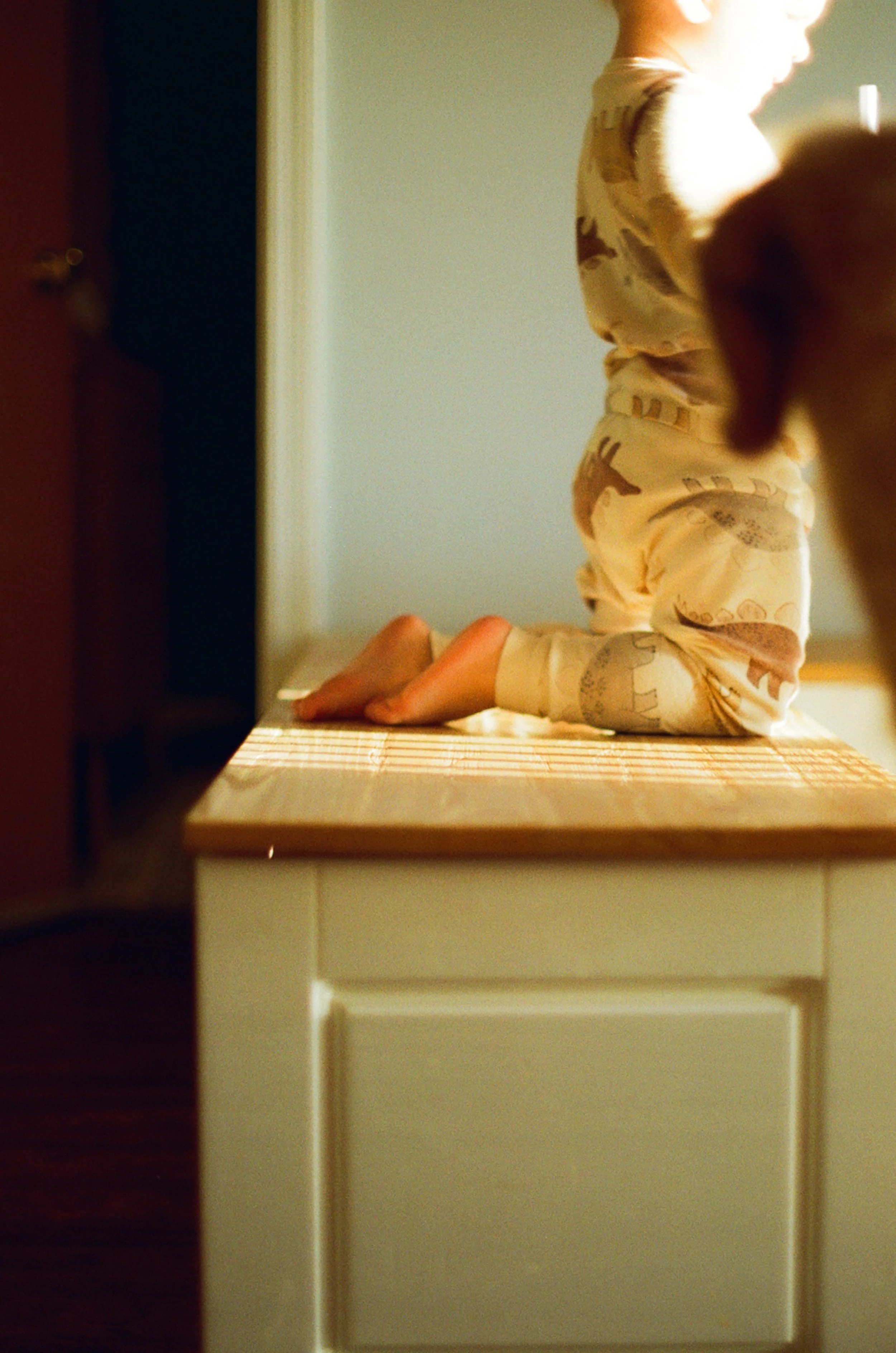 A young child wearing dinosaur-patterned pajamas kneeling on a wooden surface, illuminated by sunlight. A blurred outline of a dog is visible in the foreground.