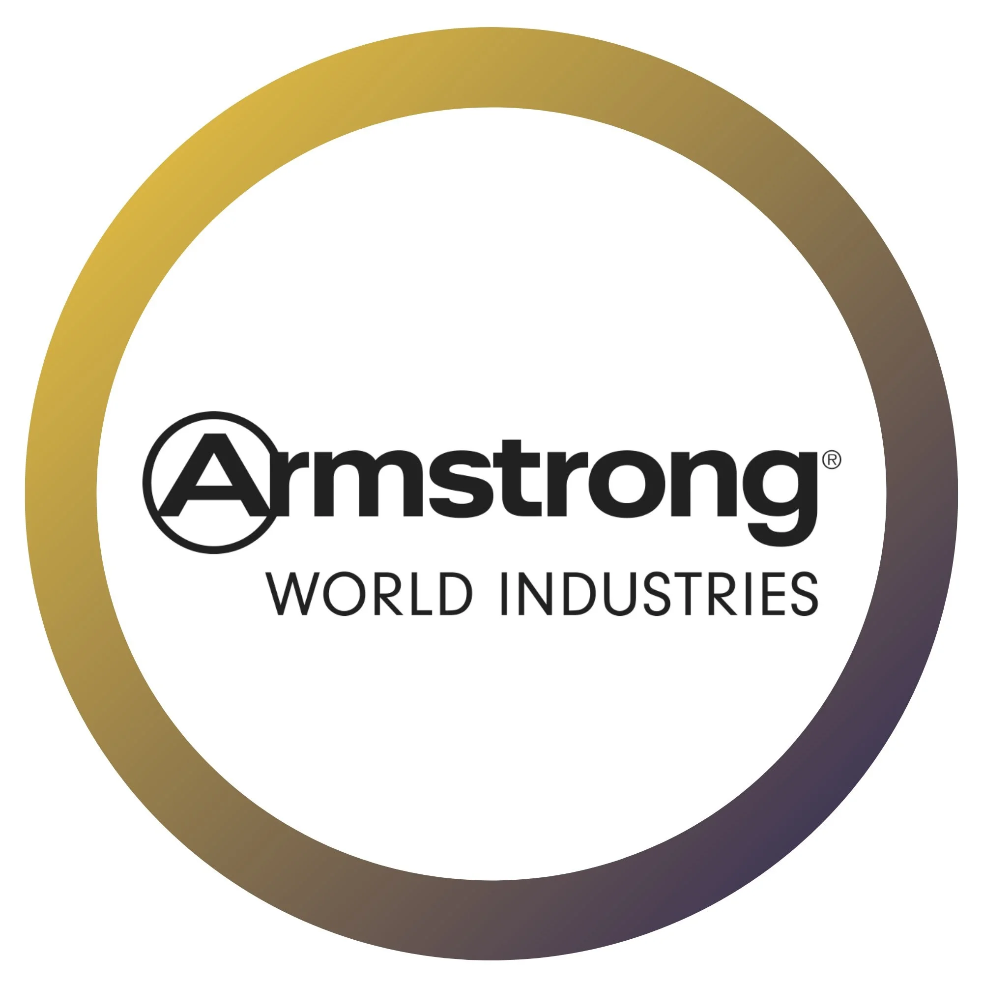 Logo d'Armstrong World Industries avec un cercle or et violet et le texte noir Armstrong, WORLD INDUSTRIES.