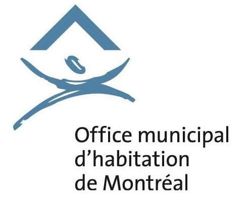 Logo de l'Office municipal d'habitation de Montréal avec un symbole abstrait et le texte en français.