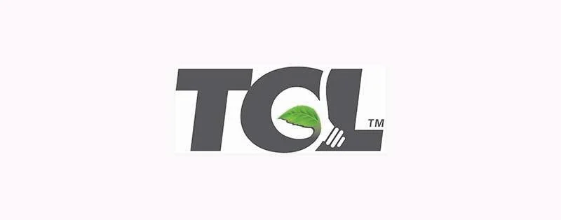 Logo avec le texte 'TCL' et une feuille verte intégrée dans la lettre 'C'.