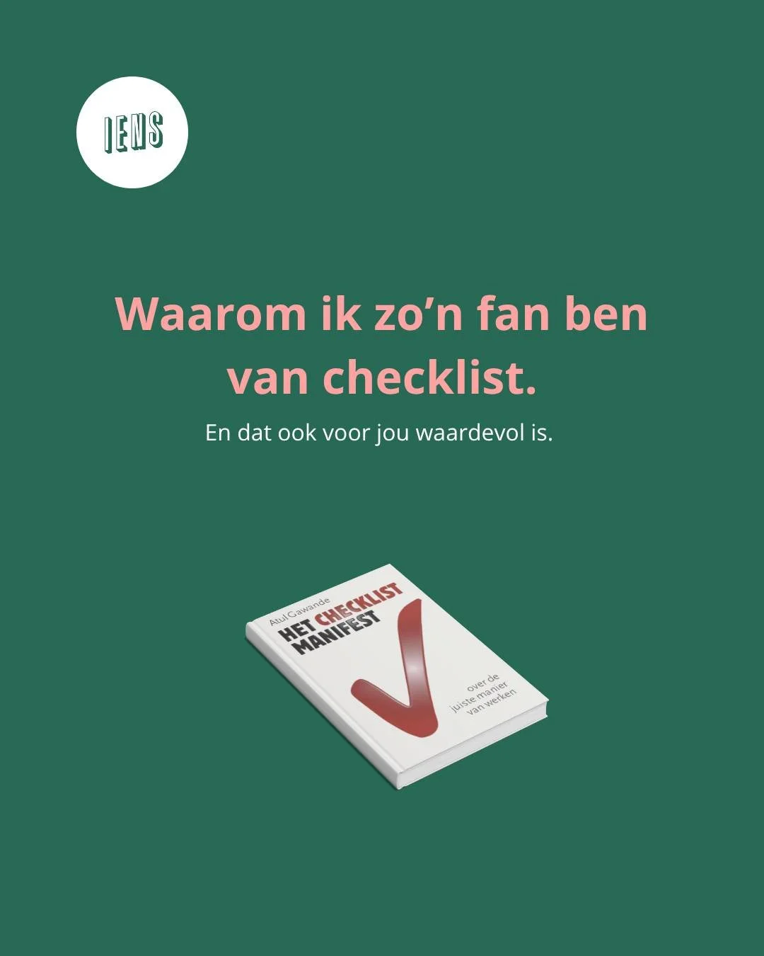 &ldquo;Vrijdagavond. Terwijl de rest van het gezin zich klaarmaakt voor 'The Masked Singer', zit ik met een boek in de zetel: 𝘛𝘩𝘦 𝘊𝘩𝘦𝘤𝘬𝘭𝘪𝘴𝘵 𝘔𝘢𝘯𝘪𝘧𝘦𝘴𝘵𝘰.

Ja, echt. In mijn vrije tijd lees ik boeken over checklists 🙈.

Waarom ben i