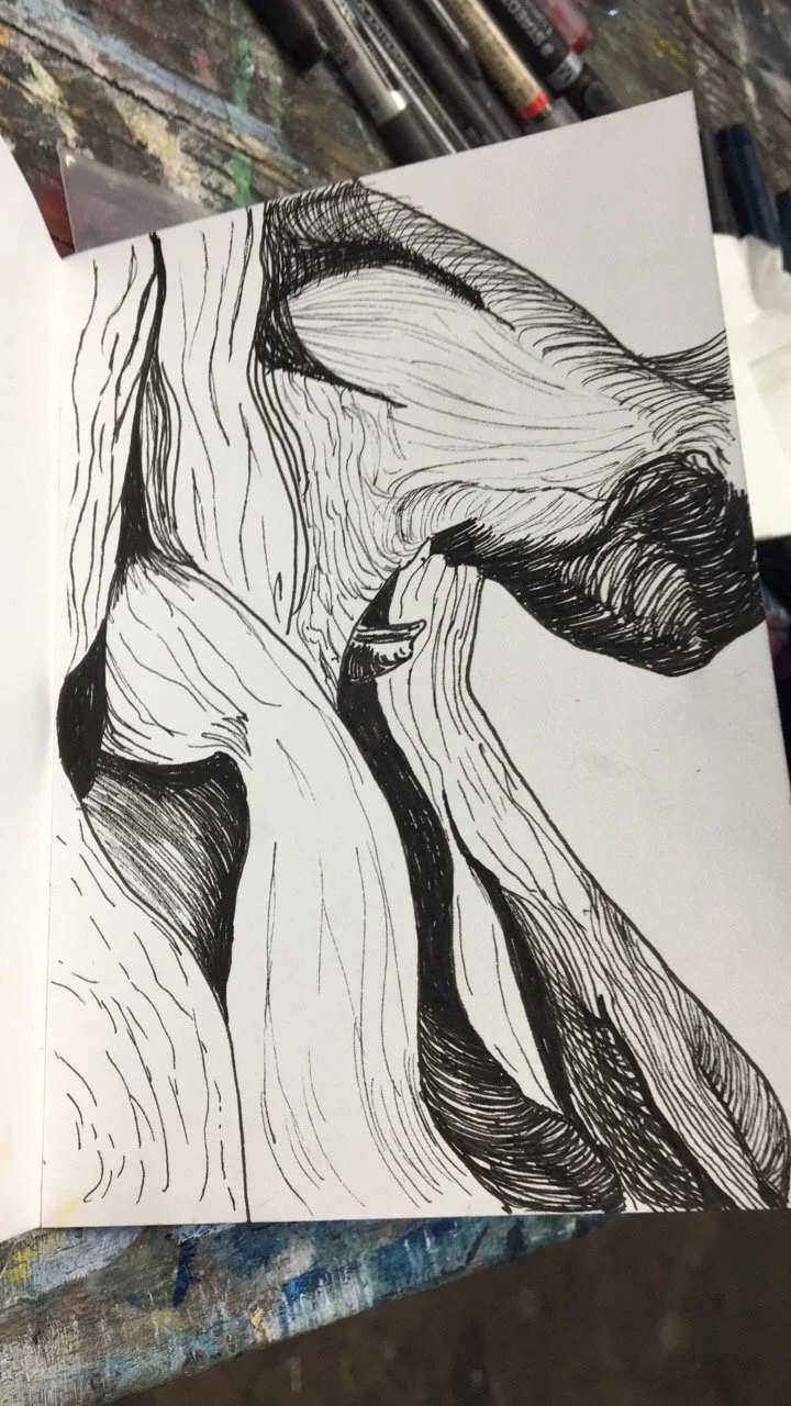 Abstract black and white drawing of a human face in profile view, created with flowing lines and shading.