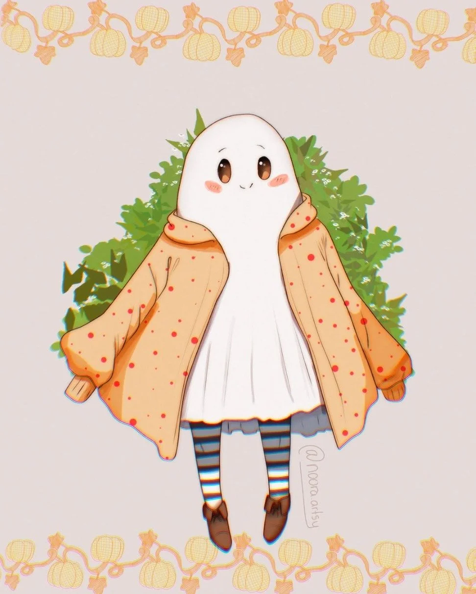 👻 Happy Halloween! Art by @noora.artsy
“Happy Halloween Everyone! 🎃🥰
Too cute to spook 👻
This adorable and cozy artwork features a charming little ghost character dressed in an oversized, polka-dotted jacket, giving it a cute and whimsic