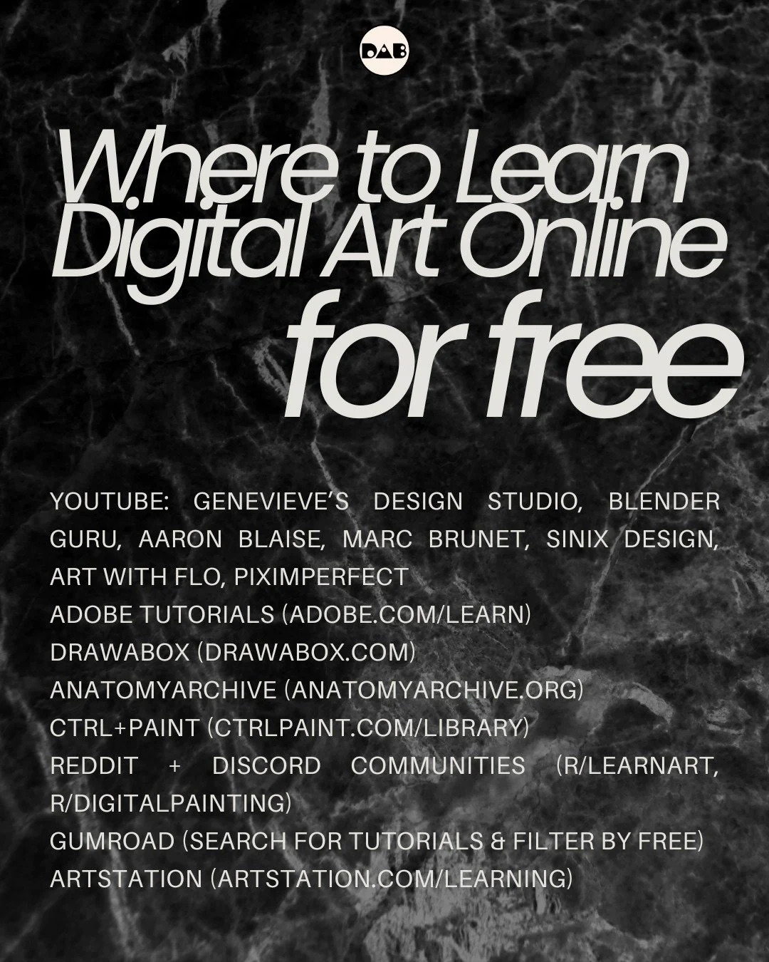 What free digital art resources do you love? Share in the comments! And save this post to check back as the list grows💛

Here&rsquo;s our favorites:

YouTube: Good for everything from absolute basics to pro tips. Search YouTube with specific terms l