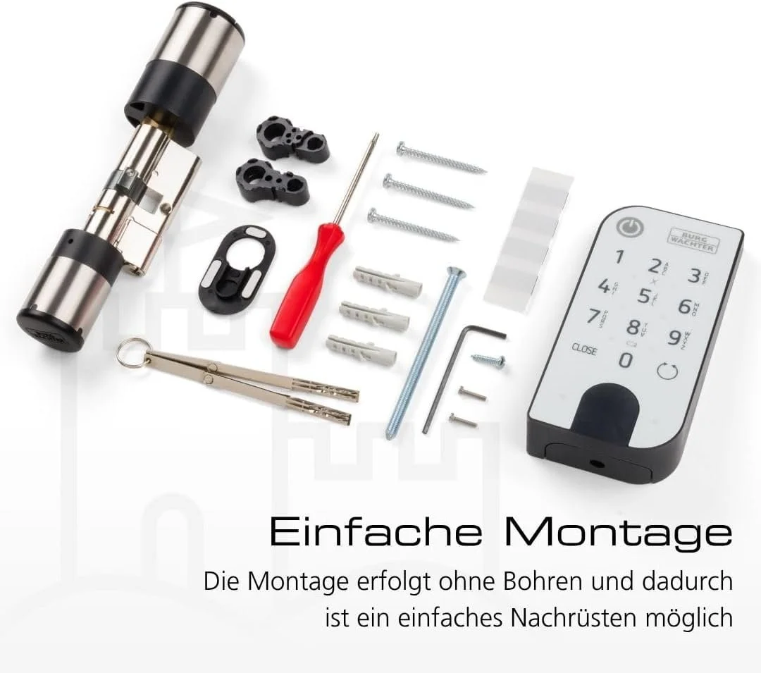 Ein elektronischer Schließzylinder mit Nummernfeld inklusive Fingerabdruckscanner für die Zugangskontrolle und dem nötigen Montagematerial.