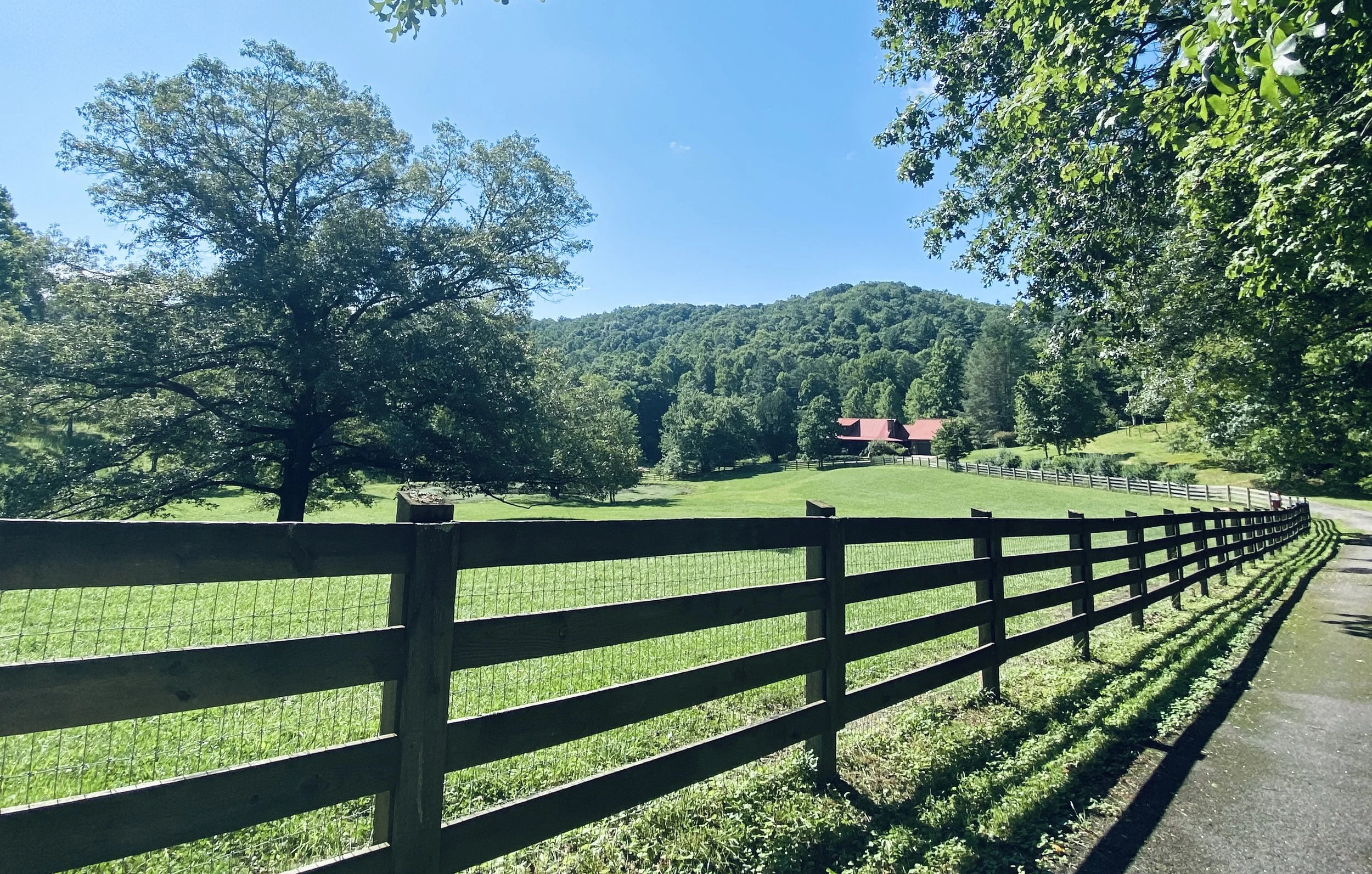Scenic view of a green pasture with trees, a mountain in the background, and a red-roofed barn, all under a clear blue sky, with a black wooden fence along a paved path.